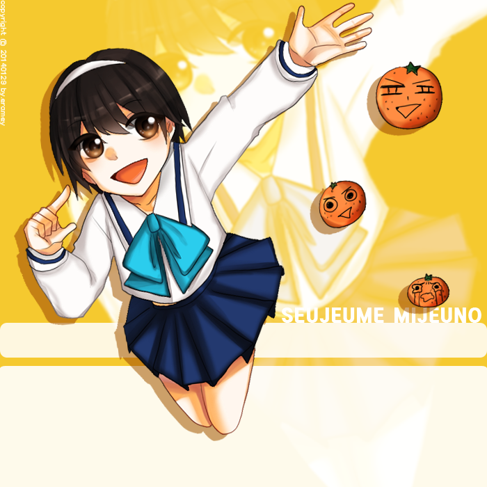 1girl, black_hair, blue_bow, blue_skirt, bow, brown_eyes, character_name, eramey, food, fruit, hairband, konjiki_no_gash!!, mandarin_orange, mizuno_suzume, open_mouth, orange_(fruit), sailor_collar, school_uniform, serafuku, skirt, smile, solo, white_hairband