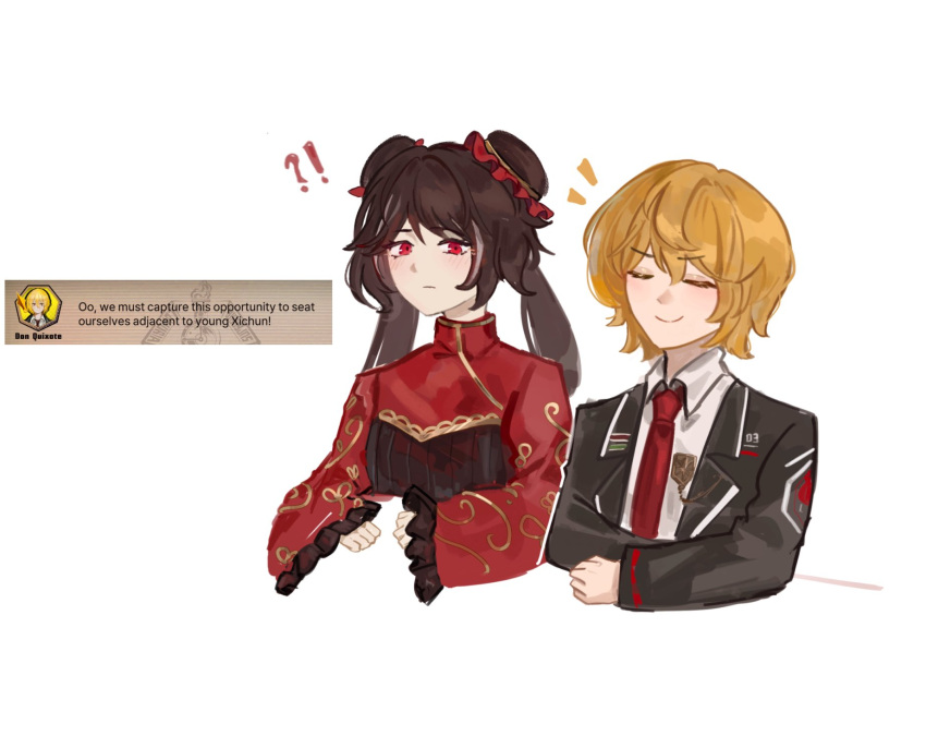!?, 2girls, black_coat, blonde_hair, brown_hair, chinese_clothes, closed_eyes, coat, collared_shirt, commentary, don_quixote_(project_moon), double_bun, game_screenshot_inset, hair_bun, highres, ishid0ru, jia_xichun_(project_moon), limbus_company, long_hair, long_sleeves, multiple_girls, necktie, project_moon, red_eyes, red_necktie, red_sleeves, shirt, short_hair, smile, symbol-only_commentary, twintails, white_background, white_shirt