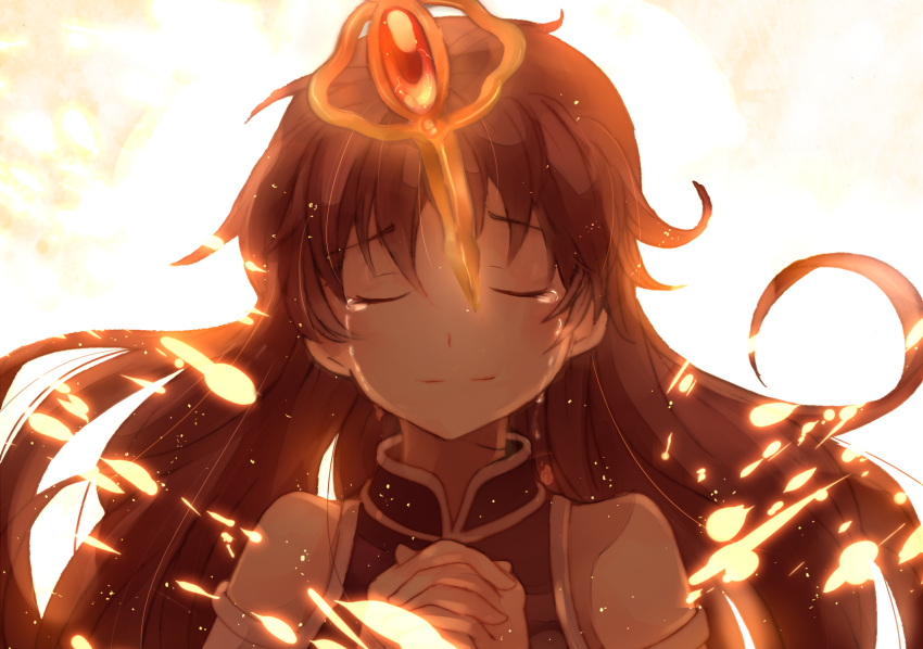 alternate_hairstyle, bare_shoulders, closed_eyes, eyes_closed, face, fang, hands_clasped, highres, long_hair, magical_girl, mahou_shoujo_madoka_magica, mugimamire, ponytail, praying, red_hair, redhead, sakura_kyouko, short_hair, smile, solo, soul_gem, tears