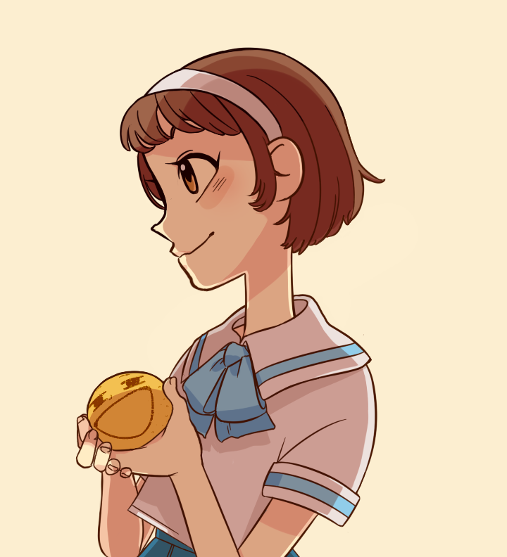 1girl, blue_skirt, brown_eyes, brown_hair, food, fruit, hairband, holding