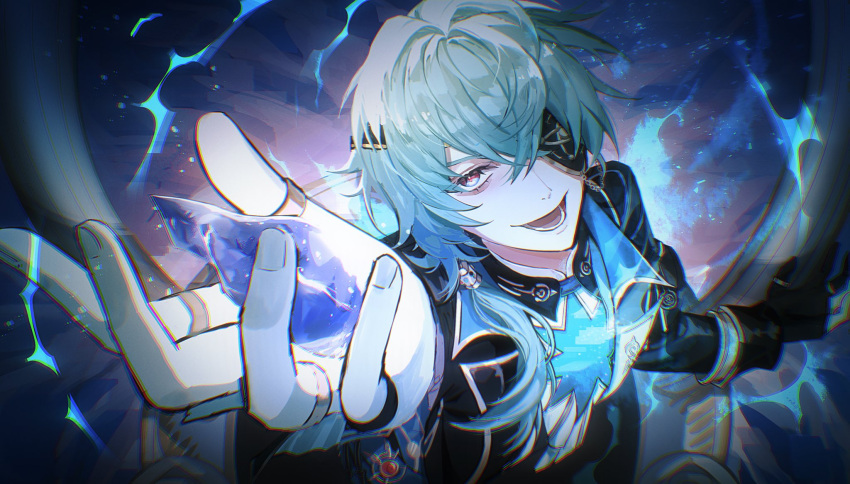 1boy, anaxa_(honkai:_star_rail), black_jacket, eyepatch, from_above, hand_up, highres, honkai:_star_rail