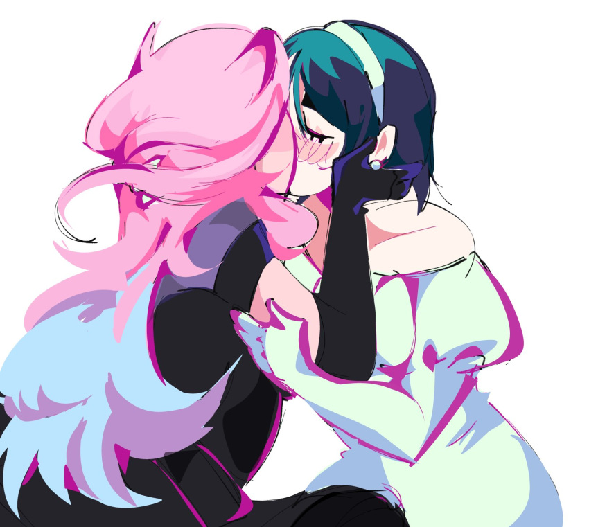 2girls, alien_stage, black_dress, black_gloves, black_hair, blue_hair, closed_eyes, commentary