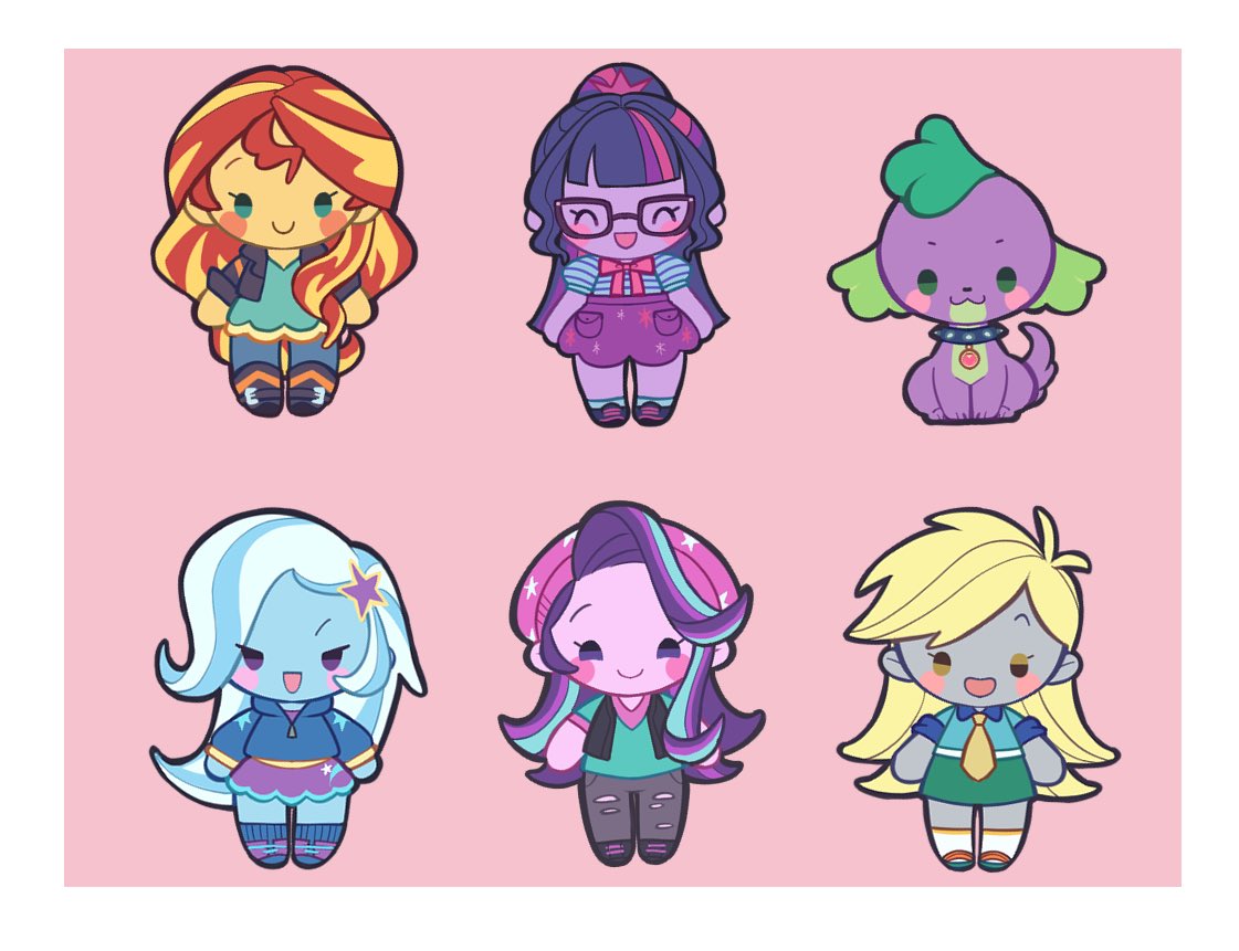 5girls, :3, :d, ^_^, ankle_boots, ankle_socks, aqua_eyes, arms_at_sides, beanie, black_boots, black_collar, black_jacket, black_shoes, blonde_hair, blue_hair, blue_jacket, blue_pants, blue_shirt, blue_skin, blue_socks, blunt_bangs, blunt_ends, boots, border, bow, bowtie, brown_eyes, chibi, chibi_only, closed_eyes, closed_mouth, collar, collared_jacket, collared_shirt, colored_skin, derpy_hooves, derpy_hooves_(equestria_girls), dog, dress, facing_viewer, flipped_hair, full_body, green_dress, green_eyes, green_shirt, green_skirt, grey_pants, grey_skin, hair_behind_ear, hair_ornament, hat, high_ponytail, hood, hood_down, hooded_jacket, ikirunosindo, jacket, knee_boots, kneehighs, long_hair, looking_at_viewer, multicolored_hair, multiple_girls, my_little_pony, my_little_pony:_equestria_girls, my_little_pony:_friendship_is_magic, necktie, official_alternate_costume, official_alternate_hairstyle, open_clothes, open_jacket, pants, pencil_skirt, pink_background, pink_bow, pink_bowtie, pink_hat, pink_skin, pocket, ponytail, puffy_short_sleeves, puffy_sleeves, purple_boots, purple_hair, purple_skin, purple_skirt, red_hair, ribbed_socks, sci-twi, shirt, shoes, short_sleeves, skirt, sleeveless, sleeveless_jacket, smile, socks, solid_circle_eyes, spike_(equestria_girls), spike_(my_little_pony), spiked_collar, spikes, standing, star_(symbol), star_hair_ornament, star_print, starlight_glimmer, starlight_glimmer_(equestria_girls), straight-on, straight_hair, streaked_hair, striped_clothes, striped_shirt, sunset_shimmer, sunset_shimmer_(human), swept_bangs, torn_clothes, torn_pants, trixie_lulamoon, trixie_lulamoon_(equestria_girls), twilight_sparkle, two-tone_hair, very_long_hair, violet_eyes, wavy_hair, wavy_sidelocks, white_border, white_hair, white_socks, yellow_necktie