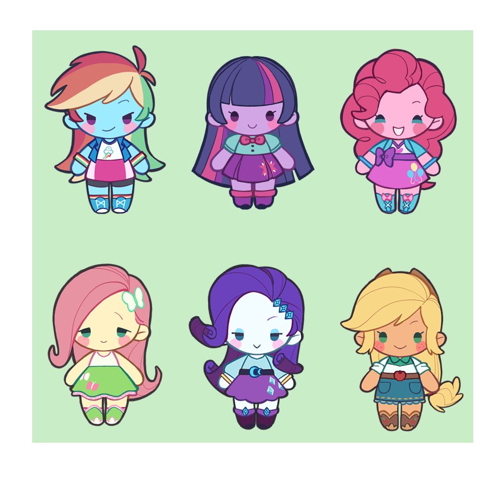 6+girls, :>, :d, antenna_hair, applejack, applejack_(equestria_girls), arms_at_sides, bare_arms, bare_shoulders, belt, bike_shorts_under_skirt, black_belt, blonde_hair, blue_boots, blue_eyes, blue_eyeshadow, blue_jacket, blue_shirt, blue_skin, blue_skirt, blunt_bangs, blunt_ends, boots, border, bow, bracelet, brown_belt, brown_boots, brown_hat, butterfly_hair_ornament, chibi, chibi_only, closed_mouth, collared_jacket, collared_shirt, colored_skin, cowboy_hat, curly_hair, cutie_mark, denim, denim_skirt, diamond_hair_ornament, eyeshadow, fluttershy, fluttershy_(equestria_girls), footwear_bow, full_body, gold_bracelet, green_background, green_boots, green_eyes, green_hair, green_skirt, grin, hair_behind_ear, hair_ornament, hat, ikirunosindo, jacket, jewelry, knee_boots, kneehighs, lace-up_boots, long_hair, long_sleeves, looking_at_viewer, low-tied_long_hair, makeup, mane_six_(my_little_pony), medium_skirt, multicolored_hair, multiple_girls, my_little_pony, my_little_pony:_equestria_girls, my_little_pony:_friendship_is_magic, orange_hair, pink_bow, pink_hair, pink_skin, pink_skirt, pink_socks, pinkie_pie, pinkie_pie_(equestria_girls), purple_belt, purple_boots, purple_hair, purple_skin, purple_skirt, rainbow_dash, rainbow_dash_(equestria_girls), rarity_(equestria_girls), rarity_(my_little_pony), red_hair, shirt, short-sleeved_jacket, short_sleeves, simple_background, skirt, smile, socks, solid_circle_eyes, standing, straight-on, straight_hair, streaked_hair, swept_bangs, tank_top, twilight_sparkle, twilight_sparkle_(human), very_long_hair, violet_eyes, white_border, white_shirt, white_skin, white_tank_top, yellow_skin
