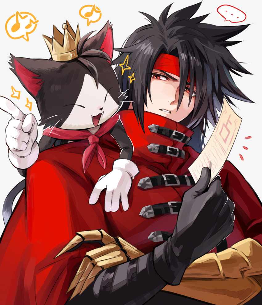 ..., 1boy, az_(pixiv_108058292), black_gloves, black_hair, cait_sith_(final_fantasy), cape, cat, clawed_gauntlets, cloak, commentary_request, crossed_arms, crown, final_fantasy, final_fantasy_vii, final_fantasy_vii_rebirth, final_fantasy_vii_remake, gauntlets, gloves, hair_between_eyes, headband, highres, holding, holding_paper, index_finger_raised, long_hair, male_focus, mini_crown, musical_note, on_shoulder, paper, parted_lips, pointing, red_cape, red_cloak, red_eyes, red_headband, single_gauntlet, single_glove, sparkle, spiky_hair, spoken_ellipsis, spoken_musical_note, upper_body, vincent_valentine, white_gloves