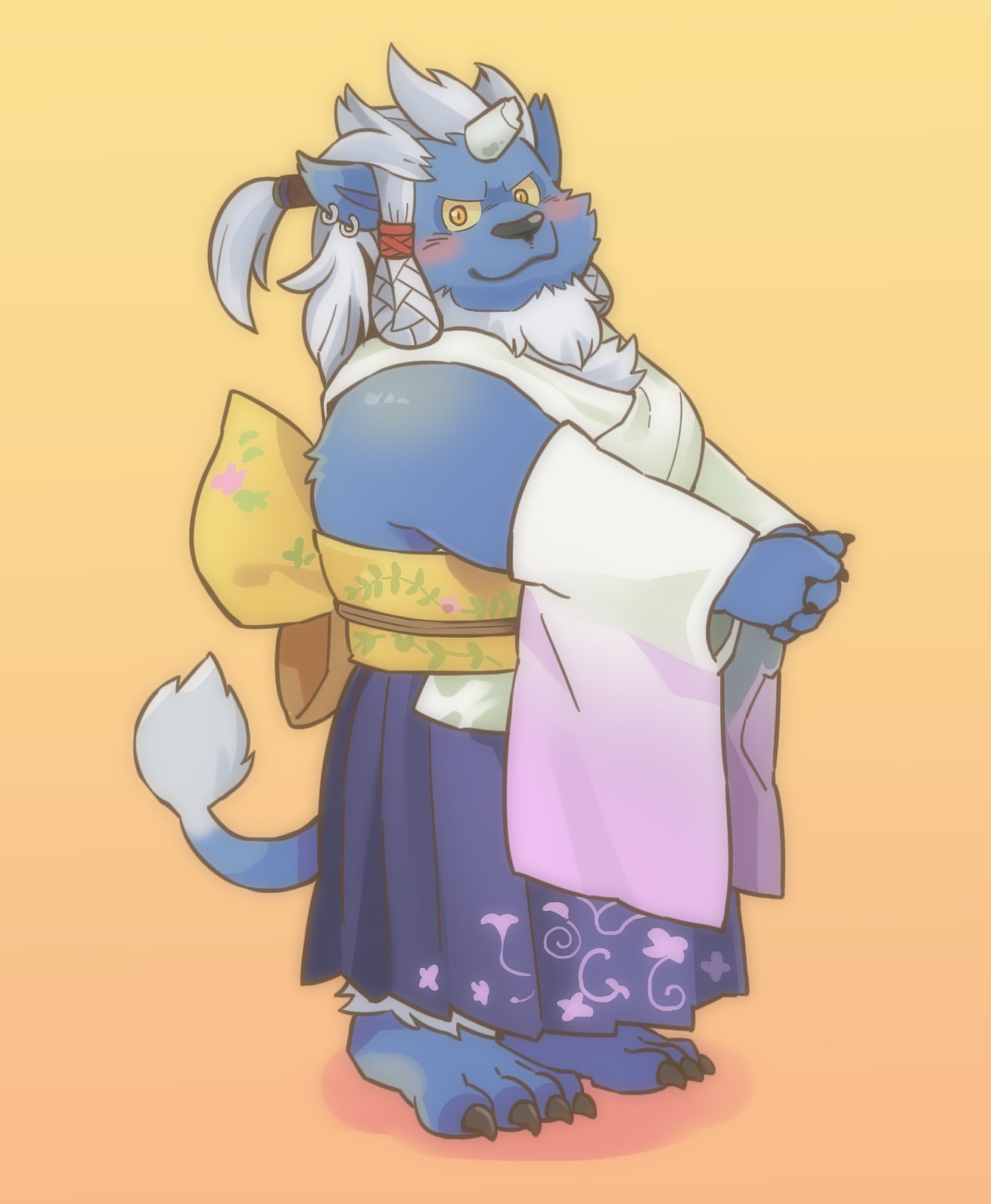 1boy, barefoot, biceps, blue_fur, blue_tail, blush, braid, broken_horn