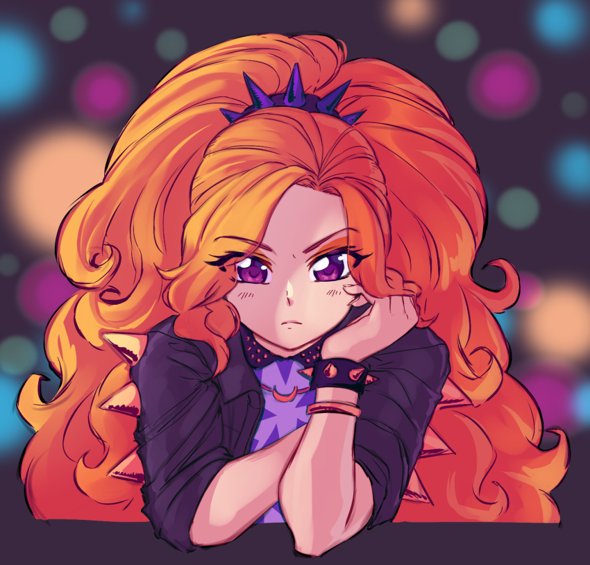 1girl, adagio_dazzle, adagio_dazzle_(human), black_background, black_jacket, blurry, blurry_background, bracelet