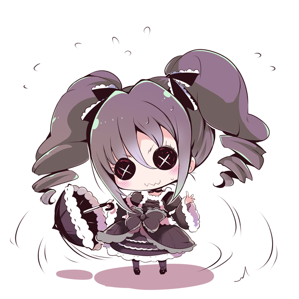 1girl, :3, black_bow, black_choker, black_dress, black_hair, black_shoes, black_umbrella
