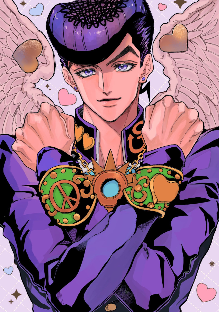 1boy, 99g_q, anchor_ornament, angel_wings, clenched_hands, crossed_arms, diamond_wa_kudakenai, earrings