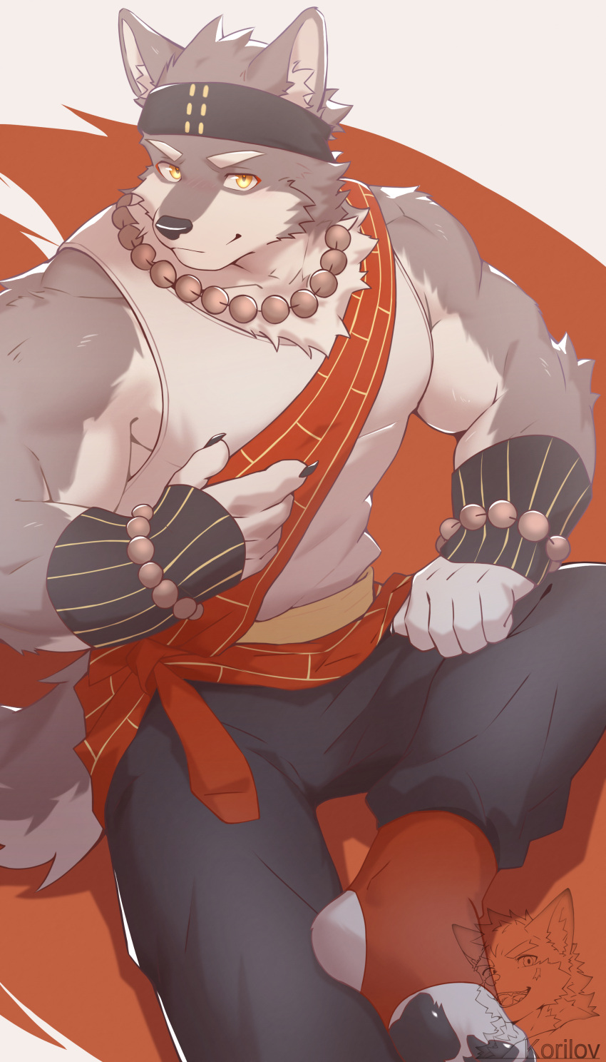 1boy, absurdres, animal_ears, artist_logo, artist_name, artist_self-insert, bead_necklace, beads, chinese_commentary, claws, closed_mouth, commentary_request, furry, furry_male, highres, jewelry, korilov, logo, looking_at_viewer, male_focus, necklace, pawpads, smile, tail, threefold_recital, triratna_(threefold_recital), wolf_boy, wolf_ears, wolf_tail