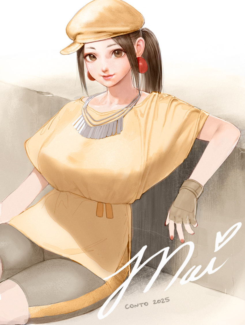 1girl, 2025, artist_name, bike_shorts, breasts, brown_eyes, brown_hair, casual, character_name, closed_mouth, collarbone, conto, earrings, elbow_rest, english_commentary, fatal_fury, fingerless_gloves, gloves, grey_shorts, hat, heart, highres, jewelry, large_breasts, lips, long_hair, looking_at_viewer, loose_clothes, loose_shirt, necklace, official_alternate_costume, parted_bangs, pink_lips, ponytail, red_nails, shiranui_mai, shirt, shorts, sitting, solo, yellow_hat, yellow_shirt