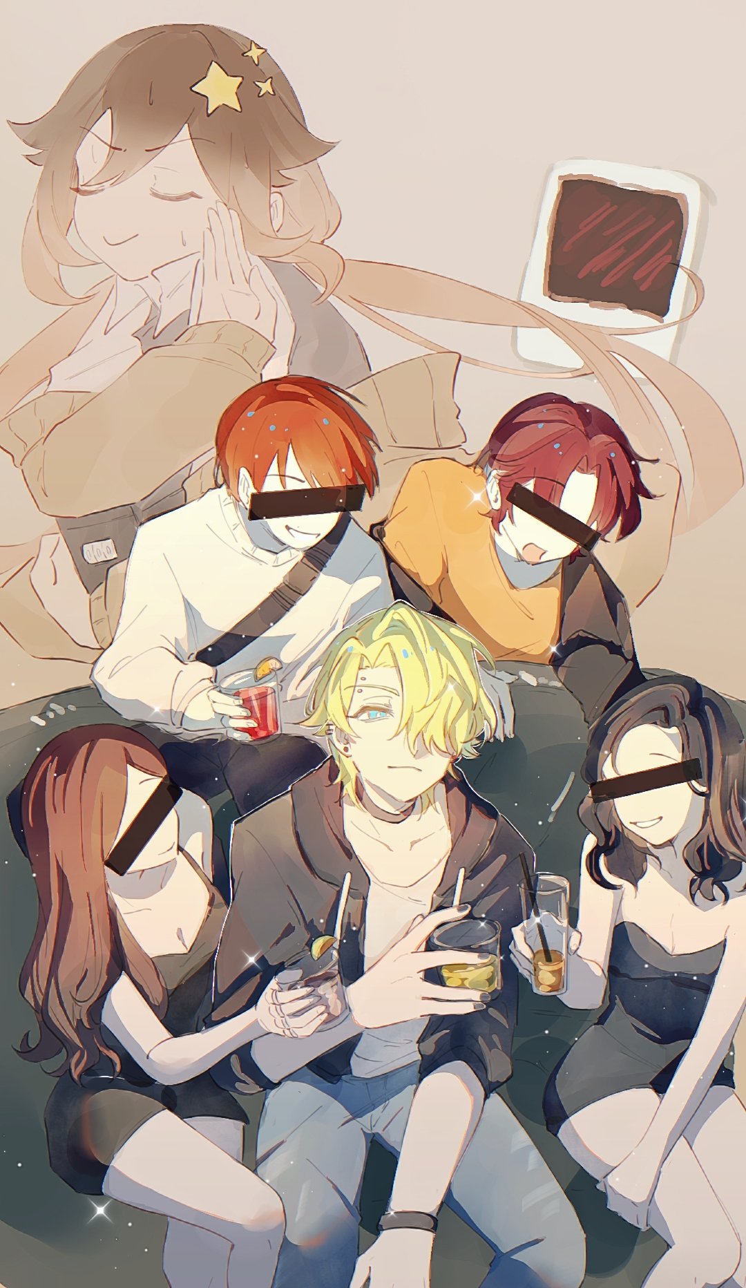 3boys, 3girls, black_dress, black_necktie, blonde_hair, blue_eyes, brown_cardigan, brown_hair