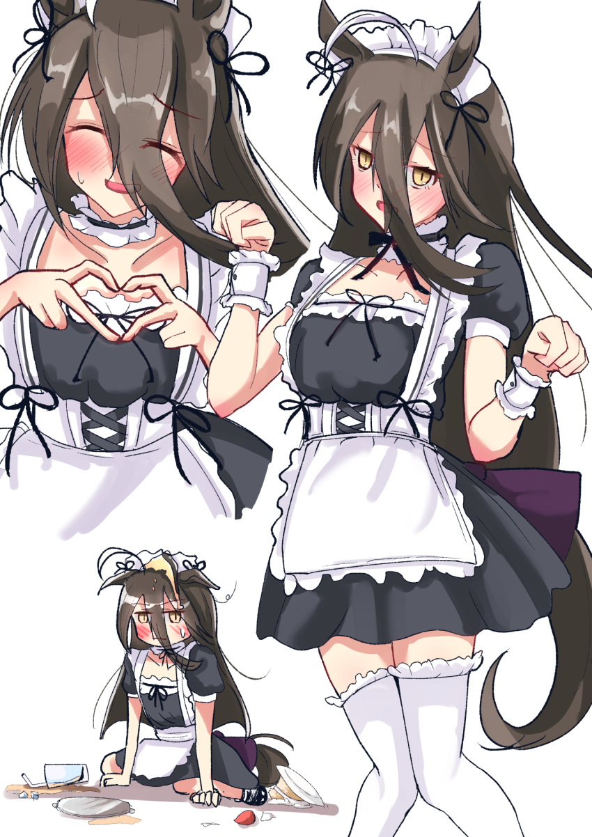 1girl, accident, ahoge, animal_ears, apron, black_bow, black_dress, black_hair, black_ribbon, black_shoes, blush, bow, breasts, cake, choker, closed_mouth, collar, collarbone, dress, embarrassed, fallen_down, food, food_on_floor, food_on_head, frilled_apron, frilled_collar, frilled_thighhighs, frills, frown, furrowed_brow, hair_between_eyes, hair_ribbon, hands_up, heart, heart_hands, highres, horse_ears, horse_girl, horse_tail, long_bangs, long_hair, long_hair_between_eyes, maid_headdress, manhattan_cafe_(umamusume), multicolored_hair, multiple_views, object_on_head, open_mouth, paw_pose, plate, pudding, ribbon, shoes, simple_background, small_breasts, smile, speech_bubble, sweatdrop, tail, thigh-highs, umamusume, umayonyosi, very_long_hair, waist_bow, white_apron, white_background, white_choker, white_hair, white_thighhighs, wrist_cuffs, yellow_eyes