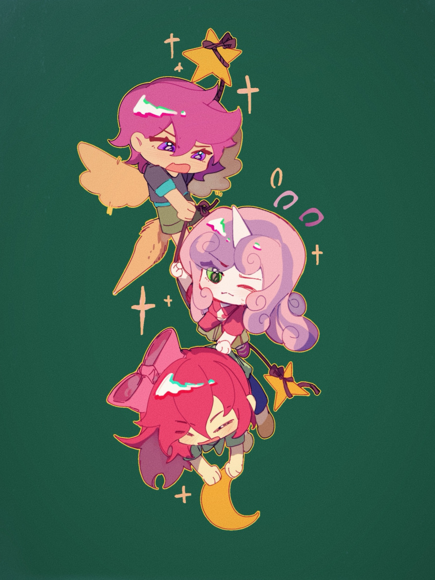 3girls, apple_bloom, apple_bloom_(equestria_girls), black_shirt, blue_shorts, bow, brown_skirt, chibi