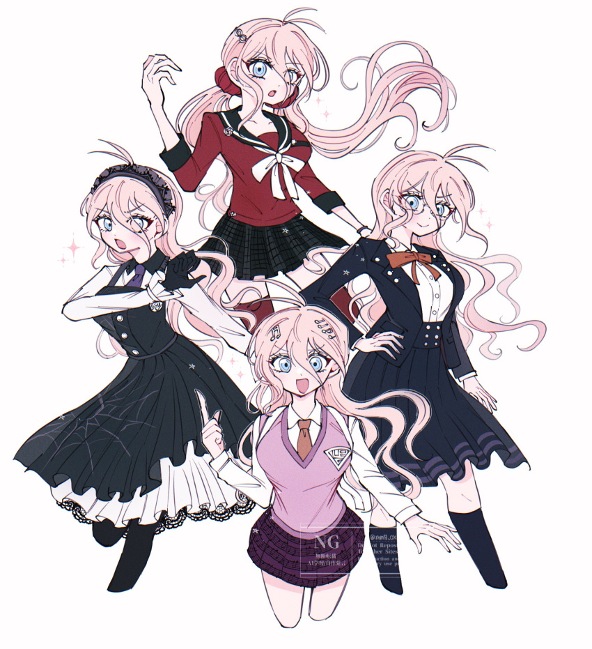 1girl, ahoge, akamatsu_kaede, akamatsu_kaede_(cosplay), antenna_hair, black_gloves, blonde_hair, blue_eyes