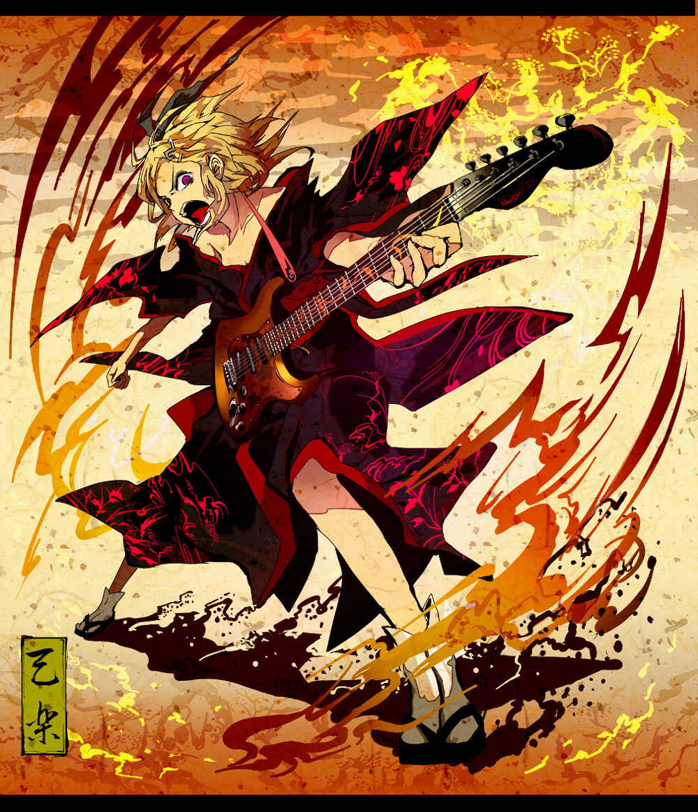 blonde_hair, electric_guitar, guitar, hair_ornament, hair_ribbon, hairclip, instrument, itou, japanese_clothes, kagamine_rin, kimono, open_mouth, purple_eyes, ribbon, short_hair, solo, tengaku_(vocaloid), violet_eyes, vocaloid