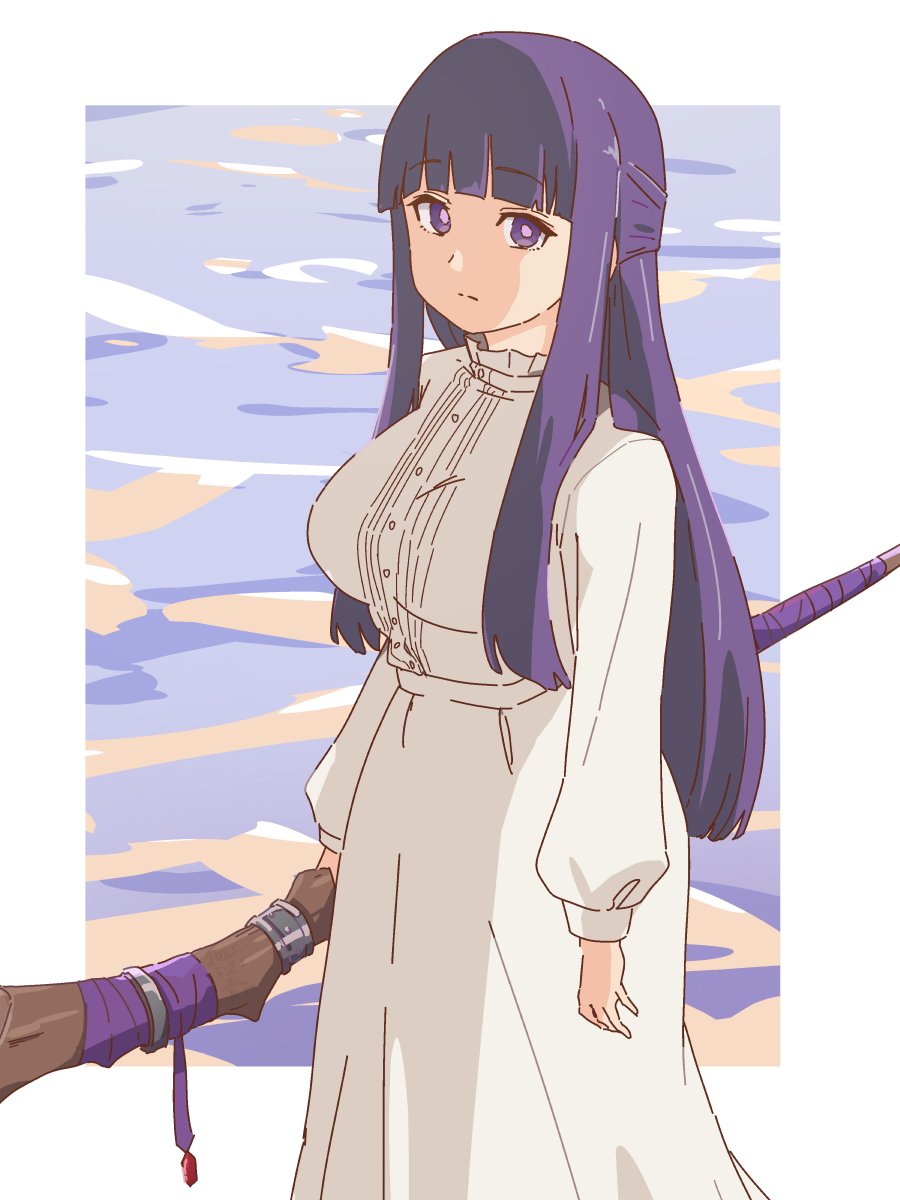 1girl, bluearcadegames, breasts, closed_mouth, dress, fern_(sousou_no_frieren), highres, holding, holding_staff, long_hair, long_sleeves, looking_at_viewer, mage_staff, medium_breasts, purple_hair, solo, sousou_no_frieren, staff, white_dress