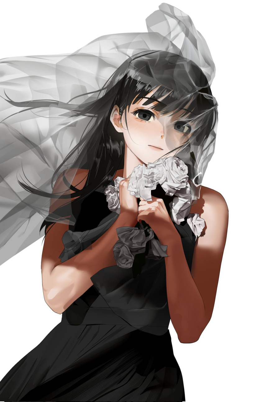1girl, bare_arms, bare_shoulders, black_dress, black_eyes, black_hair, closed_mouth, commentary_typo