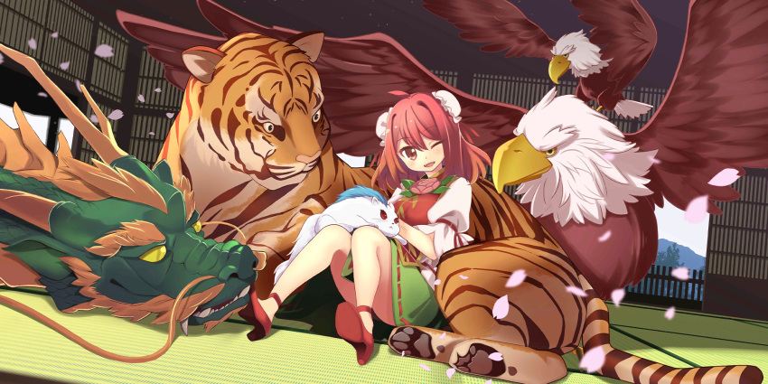1girl, arata_toshihira, backward-facing_horns, bird, blush, bun_cover, commentary, double_bun, dragon, eagle, eastern_dragon, english_commentary, falling_petals, flower, game_cg, green_scales, green_skirt, hair_bun, high_heels, highres, horns, houso_(touhou), ibaraki_kasen, kanda_(touhou), koutei_(touhou), kume_(touhou), long_hair, mukou_(touhou), official_art, one_eye_closed, open_mouth, petals, pink_eyes, pink_flower, pink_hair, pink_petals, pink_rose, raijuu, red_shoes, red_tabard, ribbon-trimmed_skirt, ribbon_trim, rose, shirt, shoes, sitting, skirt, smile, solo, tabard, tatami, third-party_source, tiger, touhou, touhou_lostword, whiskers, white_shirt