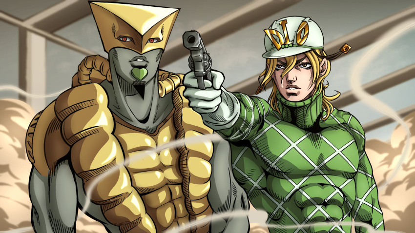 1boy, abs, absurdres, aiming, anime_coloring, araki_hirohiko_(style), argyle_clothes, argyle_sweater, blonde_hair, brown_eyes, colored_skin, commentary, diego_brando, english_commentary, finger_on_trigger, gloves, green_sweater, grey_skin, gun, handgun, heart_ornament, helmet, highres, holding, holding_gun, holding_weapon, jojo_no_kimyou_na_bouken, long_sleeves, male_focus, medium_hair, muscular, official_style, parted_lips, red_eyes, revolver, s0osauge, smoke, spoilers, stand_(jojo), steel_ball_run, sweater, teeth, the_world, tube, turtleneck, turtleneck_sweater, upper_body, weapon, white_gloves, white_helmet, yellow_helmet