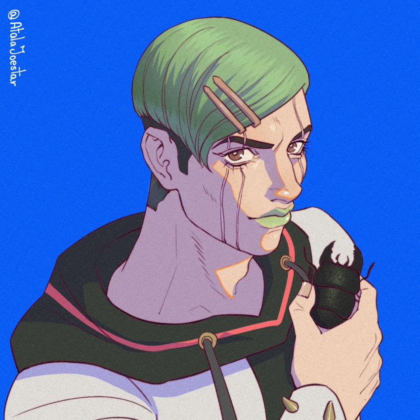 1boy, atalajoestar, black_hair, black_hood, blue_background, brown_eyes, green_hair, green_lips