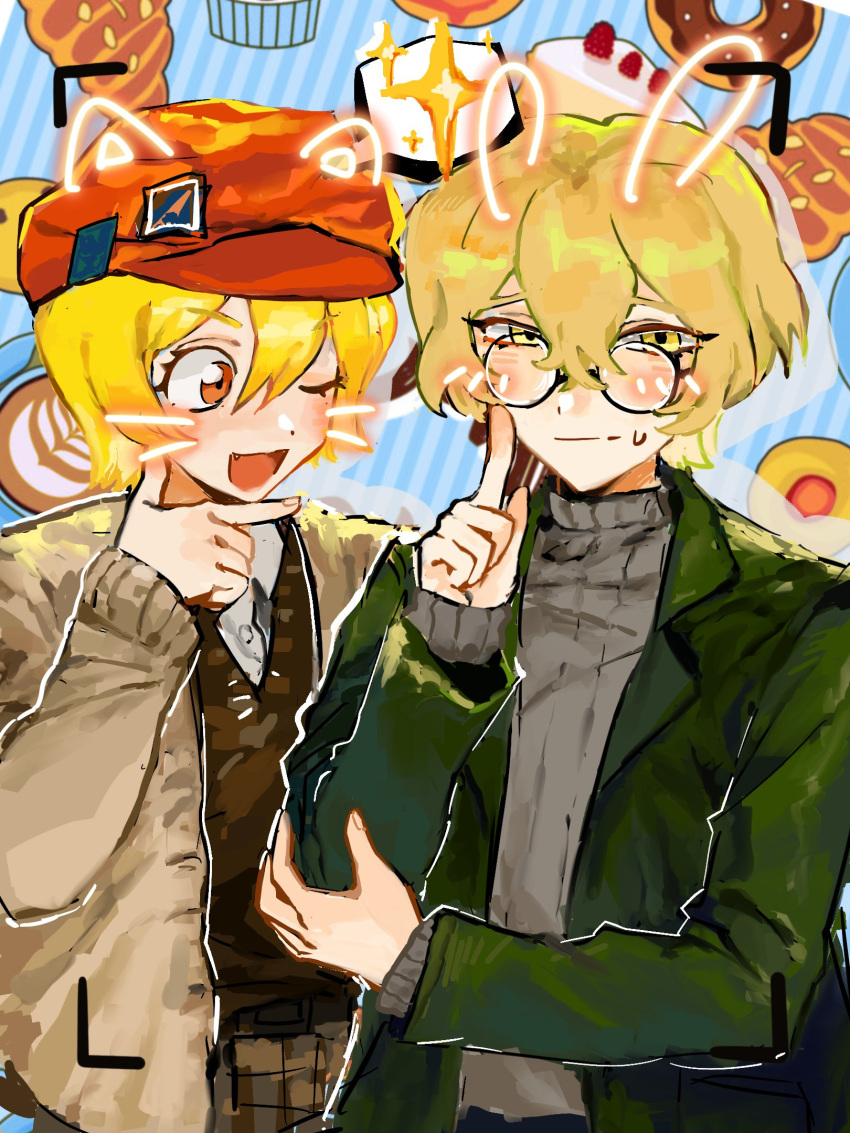1boy, 1girl, :d, blonde_hair, blue_background, brown_cardigan, brown_vest, cardigan