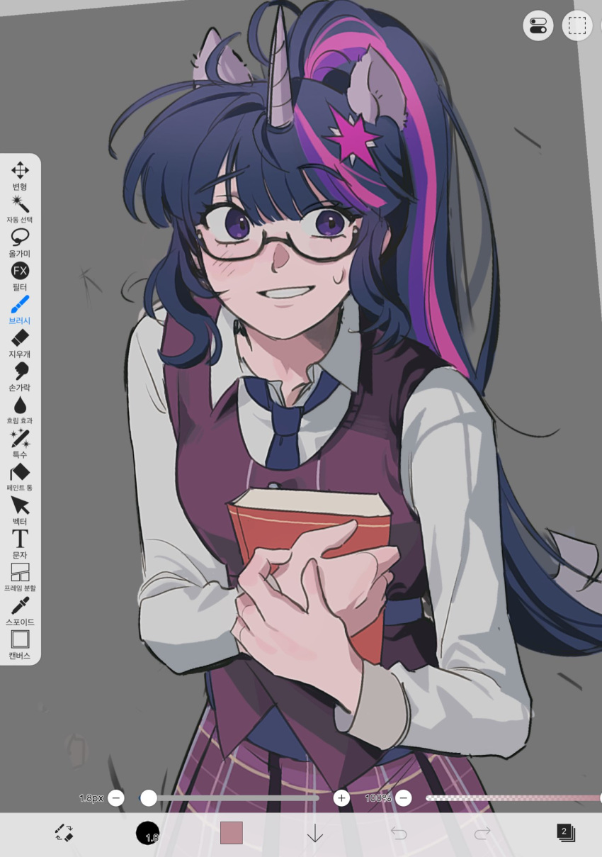 1girl, alternate_skin_color, animal_ears, art_program_in_frame, bad_id, bad_twitter_id, black-framed_eyewear, black_hair