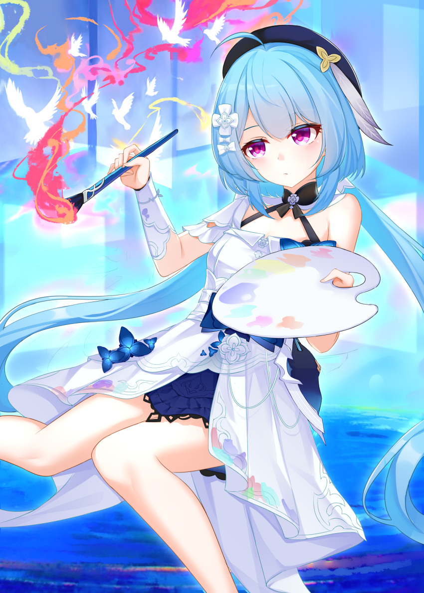 1girl, absurdres, ahoge, beret, blue_hair, breasts, chinese_commentary, commentary_request