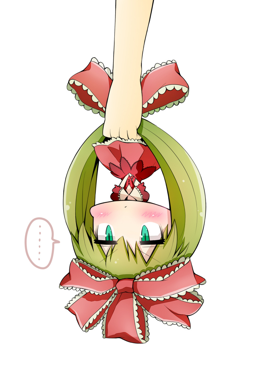 ..., 1girl, :/, annoyed, bad_id, blush, chibi, dress, flat_gaze, gibuchoko, green_eyes, green_hair, hair_grab, hair_ribbon, highres, kagiyama_hina, minigirl, red_dress, ribbon, simple_background, slit_pupils, solo, touhou, upside-down