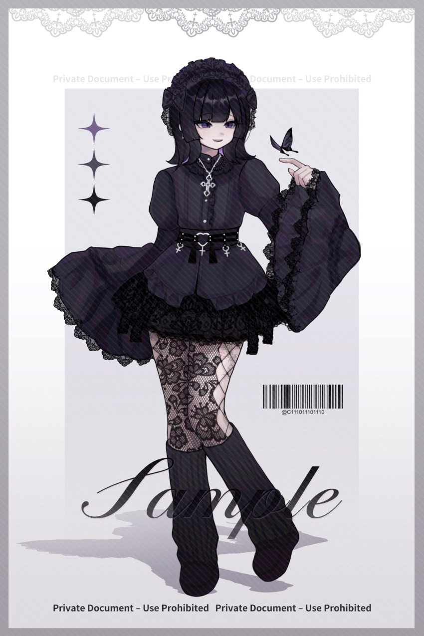 1girl, barcode, black_butterfly, black_hair, black_leg_warmers, blonde_hair, bug, butterfly