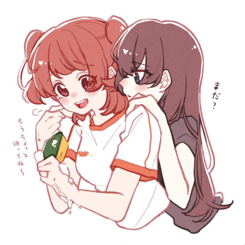 2girls, :d, aijou_karen, black_hair, black_shirt, blue_eyes, blush, breasts, brown_eyes, brown_hair, commentary_request, crab_print, cropped_torso, from_side, hair_between_eyes, hand_on_another's_shoulder, hands_up, head_on_another's_shoulder, heads_together, highres, hirake_goma, holding, holding_sponge, jewelry, kagura_hikari, long_hair, looking_at_another, looking_to_the_side, medium_breasts, multiple_girls, nose_blush, open_mouth, parted_lips, print_shirt, puff_of_air, raised_eyebrows, ring, shirt, short_hair, short_sleeves, shoujo_kageki_revue_starlight, sideways_glance, simple_background, smile, soap, sponge, teeth, translated, two_side_up, upper_body, upper_teeth_only, washing_hands, wedding_ring, wet, white_background, white_shirt, yuri