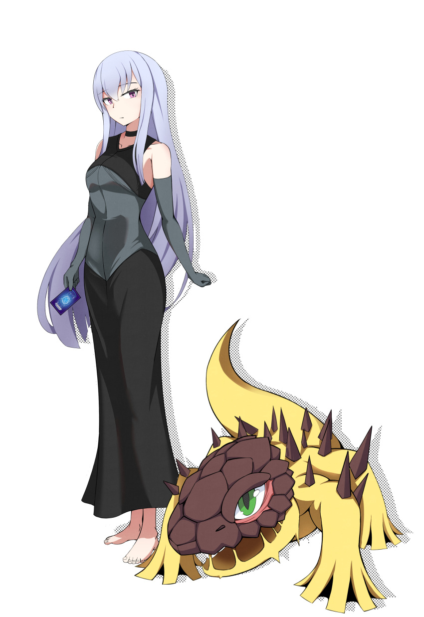 1girl, absurdres, akaruii_31, all_fours, bare_shoulders, barefoot, black_dress, breasts, card, close_(digimon), digimon, digimon_card_game, digimon_liberator, dress, elbow_gloves, gloves, green_eyes, grey_gloves, highres, holding, holding_card, large_breasts, lizard, long_hair, purple_hair, sand, simple_background, spikes, standing, sunarizamon, trading_card, violet_eyes, white_background