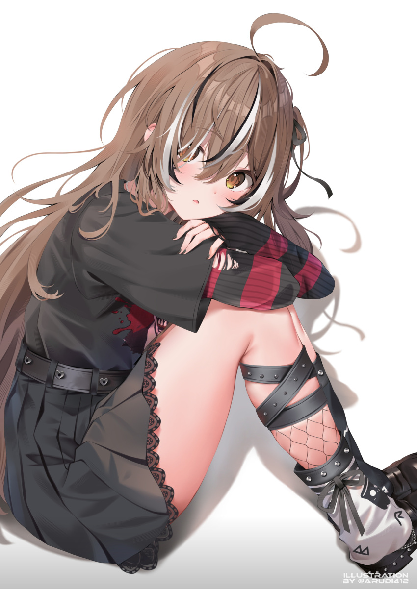 1girl, absurdres, ahoge, arudi412, black_boots, black_nails, black_shirt, black_skirt