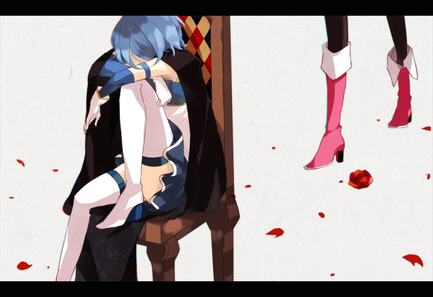 amane_mio, blue_hair, boots, cape, chair, flower, gloves, head_out_of_frame