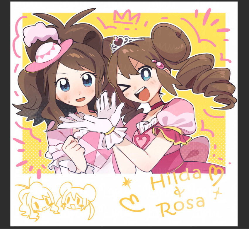 >_o, 2girls, ;d, antenna_hair, blue_eyes, blush, bright_pupils, brown_hair