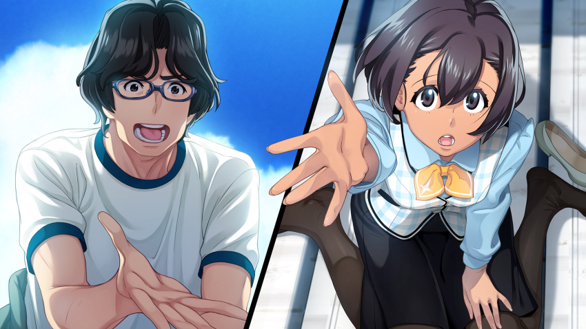 1boy, 1girl, adam's_apple, black_eyes, black_hair, black_pantyhose, blue_shirt, blue_sky