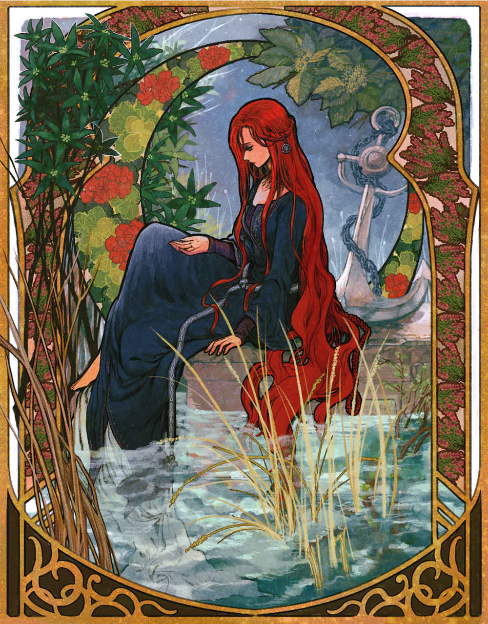 1girl, anarosa_tikaram, anchor, art_nouveau, barefoot, black_robe, border, braid