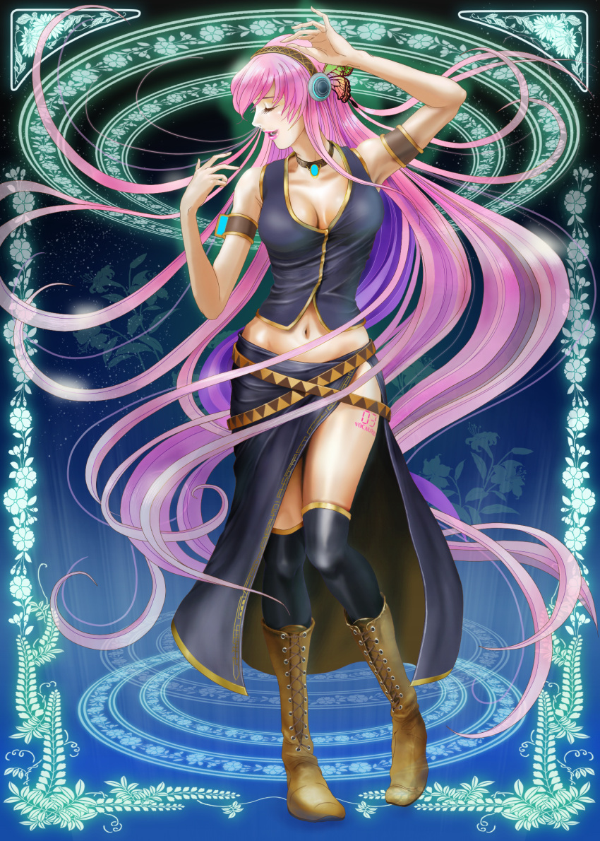 armlet, boots, butterfly_wings, choker, closed_eyes, cross-laced_footwear, eyes_closed, floral_background