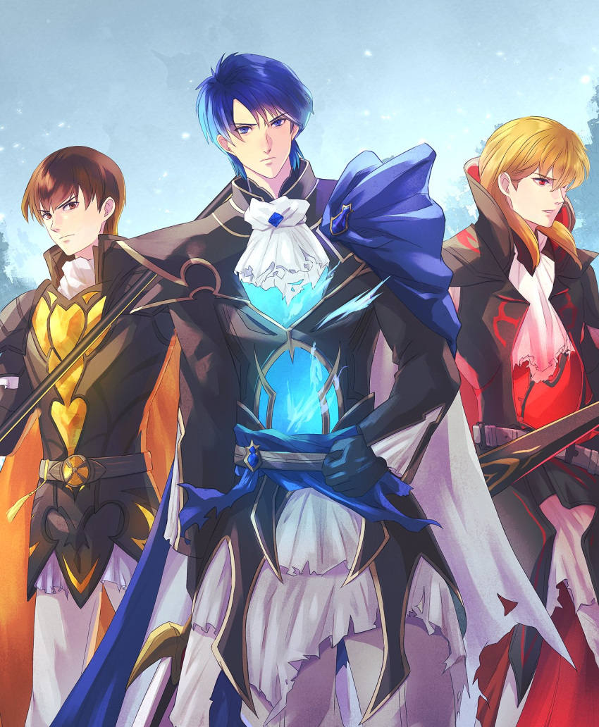 3boys, armor, ascot, belt, black_armor, black_belt, black_cape, black_coat, blonde_hair, blue_fire, blue_gemstone, blue_hair, brown_eyes, brown_hair, cape, closed_mouth, coat, cowboy_shot, eldigan_(fire_emblem), eldigan_(resplendent)_(fire_emblem), fire, fire_emblem, fire_emblem:_genealogy_of_the_holy_war, fire_emblem_heroes, frown, gem, hair_between_eyes, hair_over_shoulder, high_collar, highres, holding, holding_polearm, holding_sword, holding_weapon, looking_at_viewer, male_focus, multiple_boys, mystletainn, open_mouth, orange_cape, outdoors, pants, parted_bangs, pauldrons, polearm, popped_collar, quan_(fire_emblem), quan_(resplendent)_(fire_emblem), red_cape, red_eyes, riou_(pooh920), short_hair, shoulder_armor, side_part, sigurd_(fire_emblem), sigurd_(resplendent)_(fire_emblem), sky, sword, torn_ascot, torn_cape, torn_clothes, two-sided_cape, two-sided_fabric, tyrfing_(fire_emblem), v-shaped_eyebrows, weapon, white_ascot, white_cape, white_pants