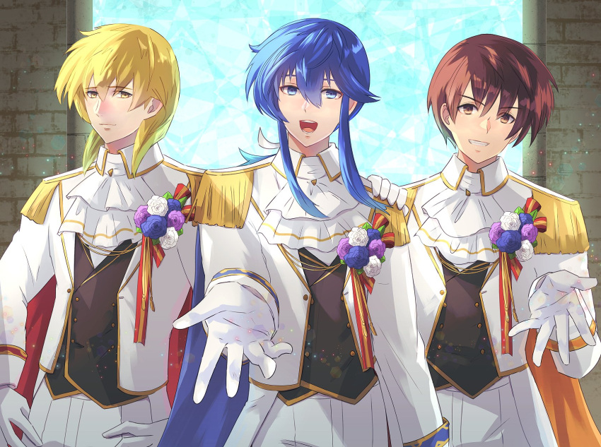 3boys, :d, alternate_costume, ares_(fire_emblem), ascot, black_vest, blonde_hair, blue_cape