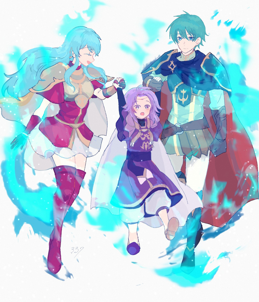 1girl, 2boys, :o, aged_down, armor, belt, black_boots, black_shirt