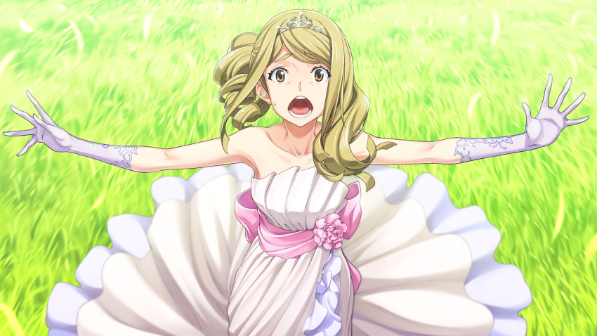 asymmetrical_hair, bare_shoulders, blonde_hair, blurry, blurry_background, bodice, border, breasts