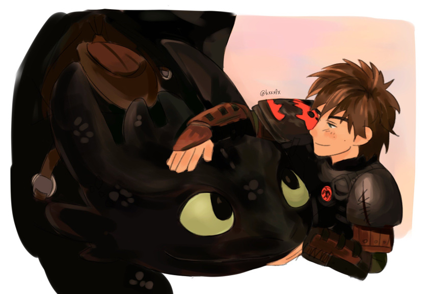 1boy, armor, artist_name, brown_hair, dragon, hiccup_horrendous_haddock_iii, highres, how_to_train_your_dragon:_the_hidden_world, how_to_train_your_dragon_(series), hxxxfx, pauldrons, short_hair, shoulder_armor, toothless
