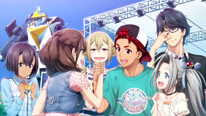 2boys, 4girls, adam's_apple, adjusting_eyewear, antenna_hair, ascot, beret, black_choker