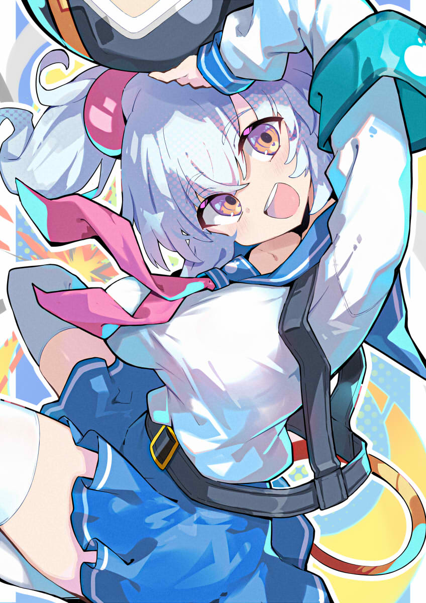 1girl, blue_skirt, bomber_girl_(1993_manga), breasts, grey_hair, highres, looking_at_viewer, neckerchief