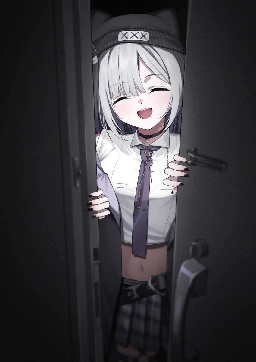 1girl, beanie, black_nails, closed_eyes, crop_top, doorway, facing_viewer, grey_skirt