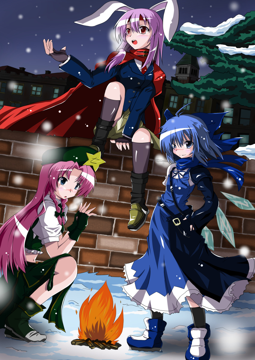 absurdres, advent_cirno, advent_reisen, ahoge, animal_ears, arm_support, bandana, bandanna