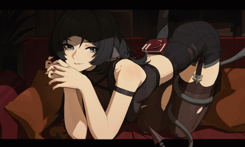 1girl, absurdres, animal_ears, black_hair, black_shorts, brown_thighhighs, garter_straps, high-waist_shorts