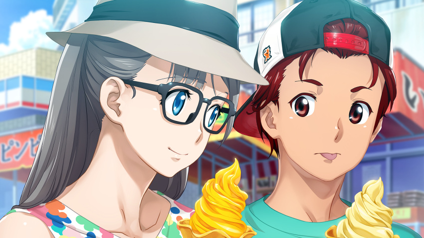 1boy, 1girl, arm_hug, beret, black-framed_eyewear, blue_eyes, blurry, blurry_background, collarbone, dress, expressionless, fedora, food, from_side, fukuda_tomonori, game_cg, glasses, grey_hair, hair_between_eyes, hat, highres, holding, holding_food, holding_ice_cream, ice_cream, long_hair, looking_at_another, official_art, open_mouth, red_eyes, red_hair, robotics;notes, robotics;notes_dash, shiny_eyes, shirt, short_hair, smile, sundress, sunlight, swept_bangs, t-shirt, teeth, tongue, tongue_out, upper_teeth_only, watch, watch, white_dress, white_hat, white_shirt, yashio_kaito, yukifune_airi