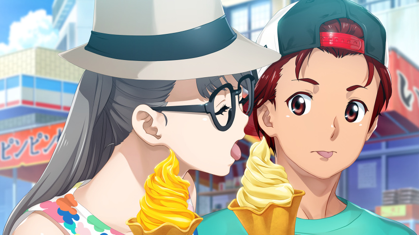 1boy, 1girl, arm_hug, beret, black-framed_eyewear, blue_eyes, blurry, blurry_background